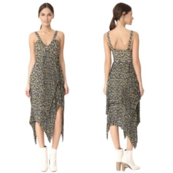 A.L.C. SZ 4 Silk Kendall Ikat Asymmetrical Pleated V-Neck Sleeveless Midi Dress - Picture 3 of 9